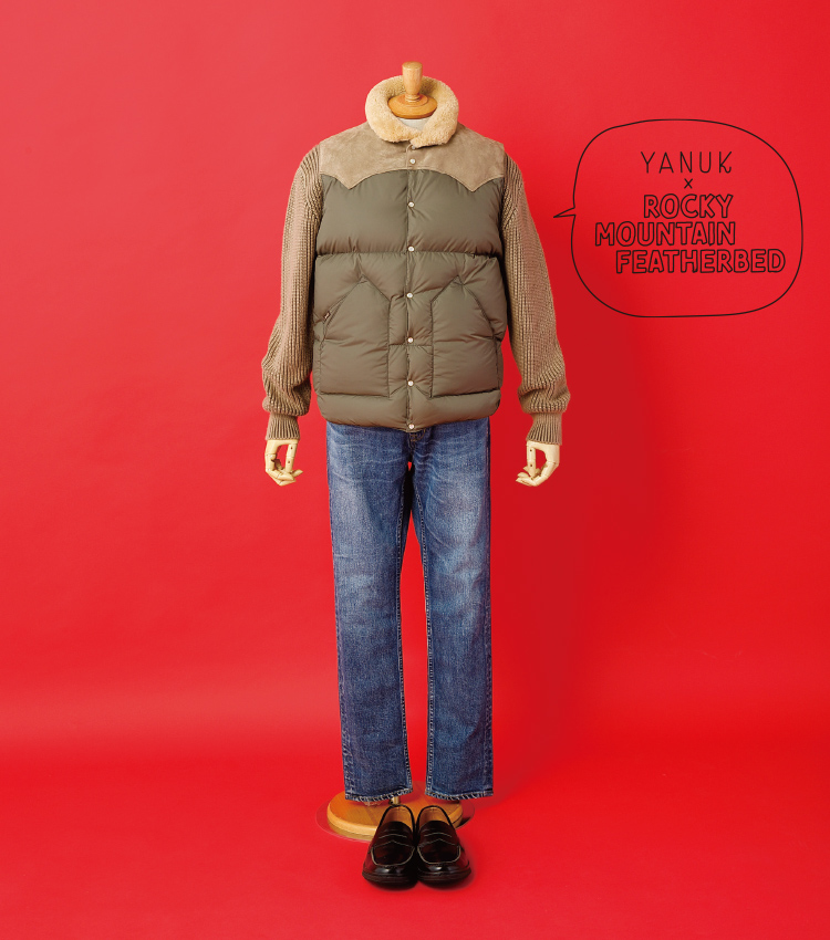 〈YANUK×Rocky Mountain Featherbed〉ダウンベスト、ニット、パンツ以上すべて〈YANUK〉