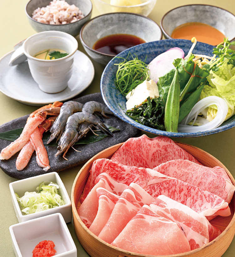 神戸牛、松阪牛、米沢牛と米澤豚＋海鮮盛り合わせしゃぶしゃぶ