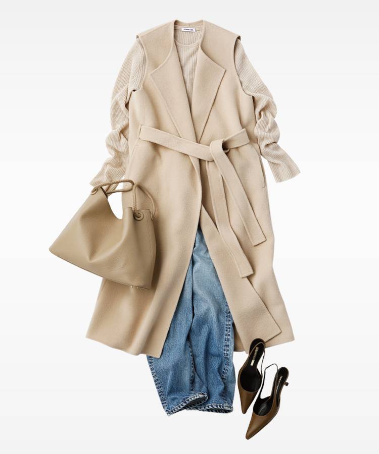 〈Deuxième Classe〉ベスト、トップス、〈MADISONBLUE〉パンツ、〈ELLEME〉バッグ（H28×W38×D12cm）、〈BRENTELLA〉シューズ