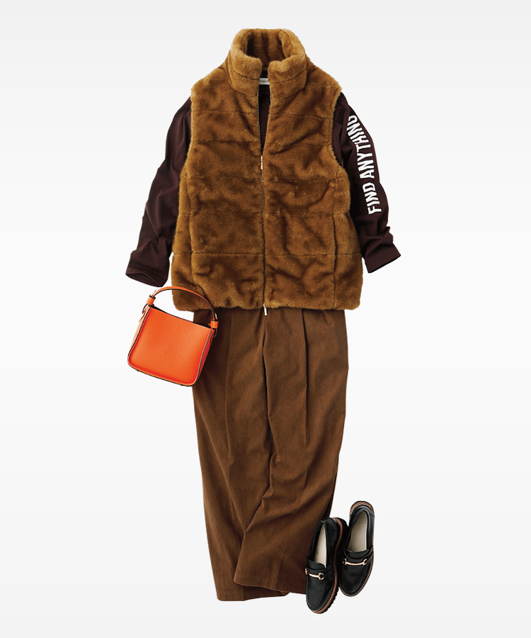 〈BARNYARDSTORM〉ベスト、トップス、パンツ〈CONTIGO〉バッグ〈Mazell〉シューズ