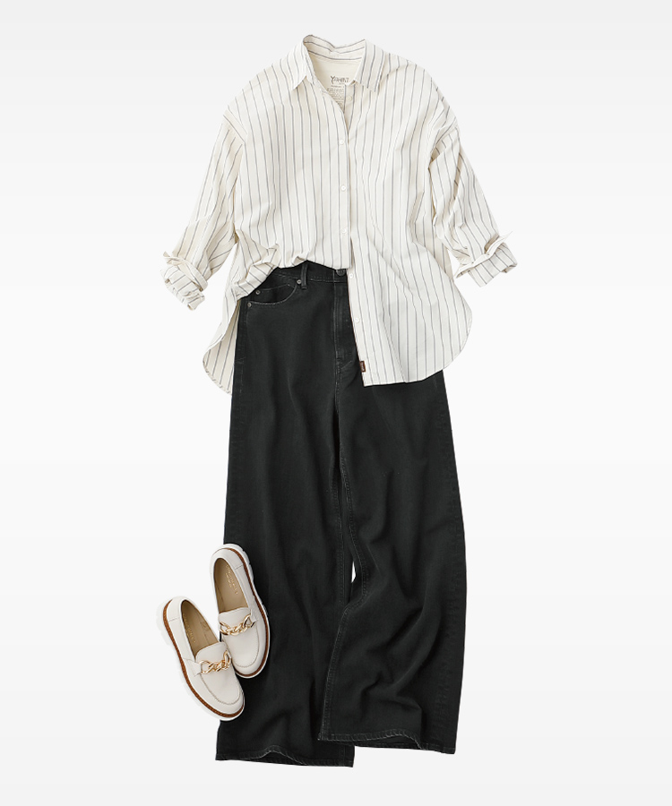 〈YANUK〉シャツ、パンツ〈CORSO ROMA9〉シューズ