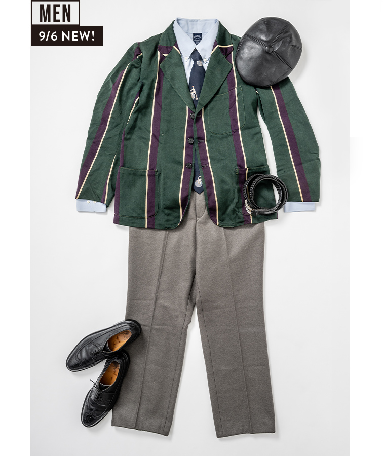 MEN ジャケット、〈Brooks Brothers〉シャツ、〈German Army〉パンツ、〈Florsheim〉シューズ、キャップ、ベルト、ネクタイ